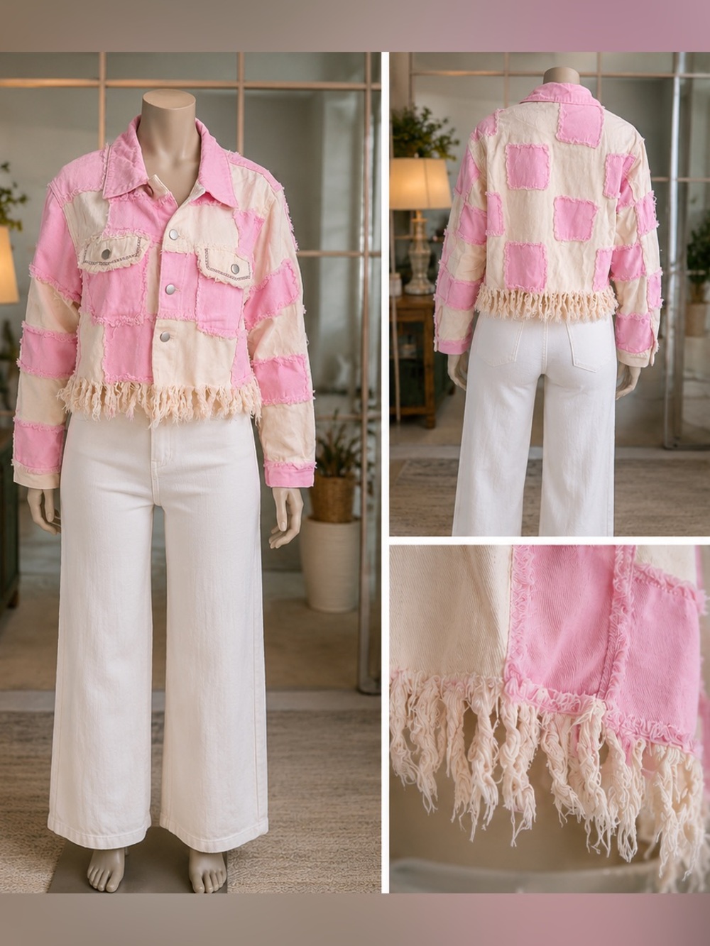 New Pink Patchwork Denim Crop Jacket | Fringe Hem | Crystal Detail  | Boho